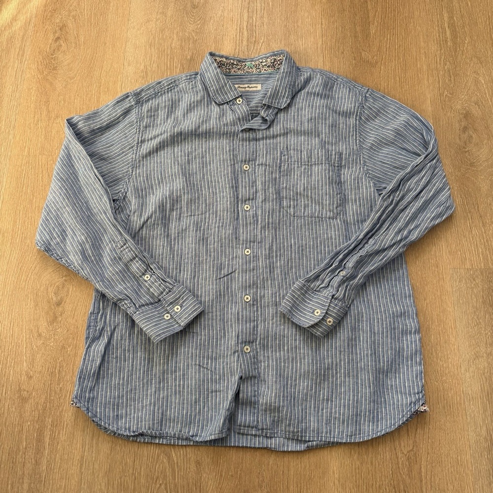 Tommy Bahama Button Up Shirt Mens Size‎ XL 100% Linen Long Sleeve Blue Striped